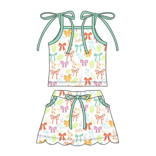 Preorder moq 5 Baby Girls Strap Colorful Flower Bow Top Pockets Scallop Skirt Short Clothes Sets