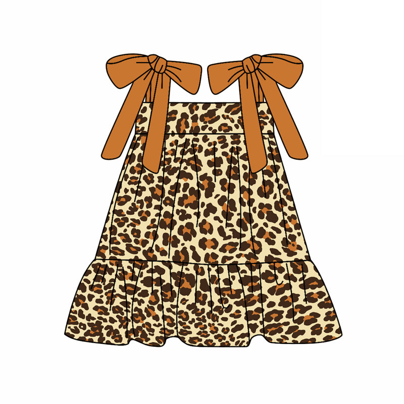 Preorder (moq 5)Baby Girls Khaki Bows Strap Leopard Knee Length Dresses