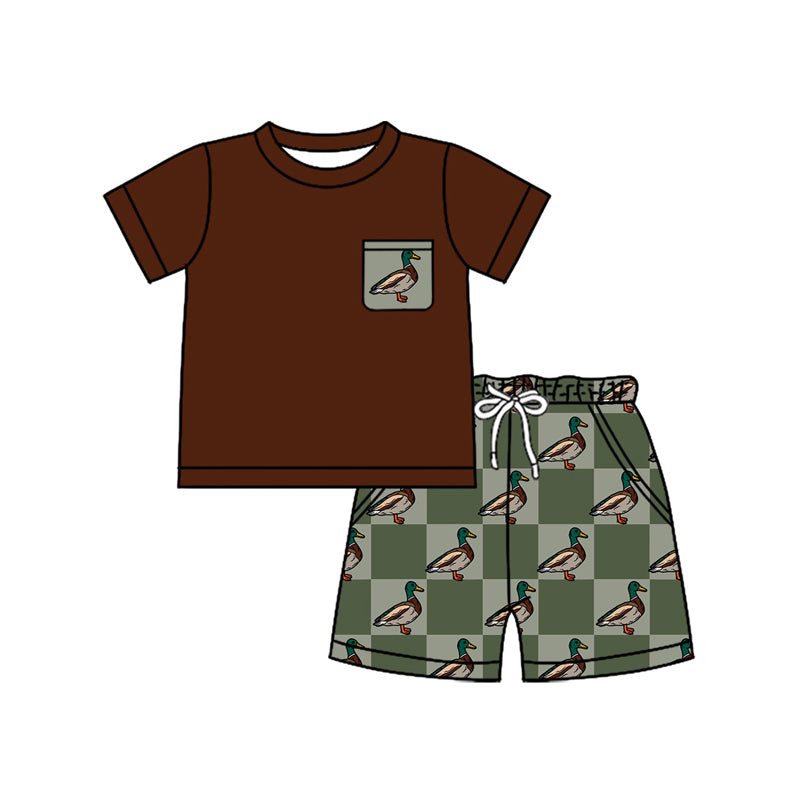 Preorder (moq 5)Baby Boys Brown Pocket Top Green Checkered Ducks Shorts Clothes Sets