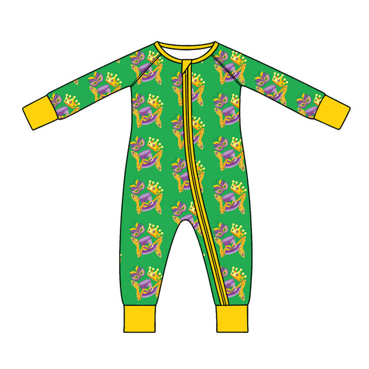 Preorder (moq 5) Baby Girl Clothes Mardi Gras Crown Mask Leopard Mixed Print Long Sleeve Zipper Romper