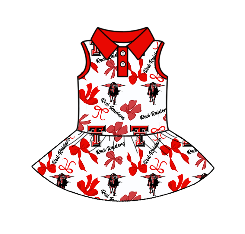 Preorder moq 5 Baby Girls Team Sleeveless Bows Plaid Red Raiders Button Knee Length Dresses