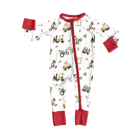 Preorder (moq 20)Baby Boys Bamboo Trees Excavators Christmas Zippy Footie Rompers