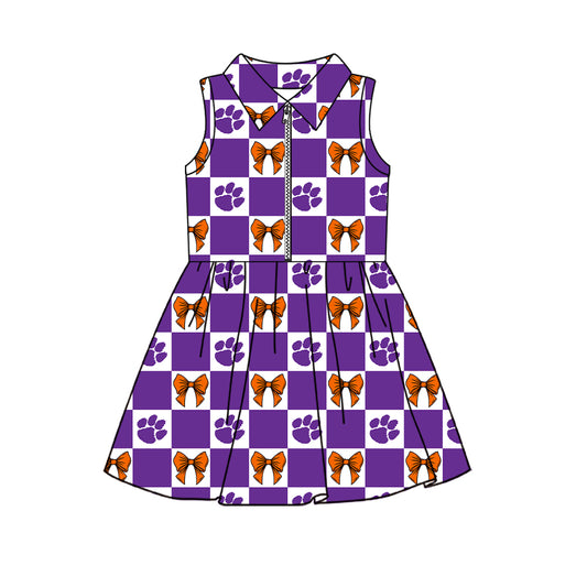 Preorder (moq 5) Baby Girls Sleeveless Bows Clemson Checked Team Zip Knee Length Dress