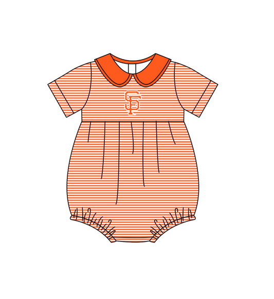 Preorder (moq 5)Baby Girls Short Sleeve Orange Stripe SF Team Ruffle Rompers