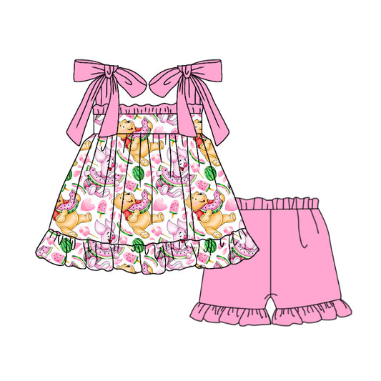 Preorder (moq 5)Baby Girls Bear Watermelon Straps Top Ruffle Shorts Clothes Sets