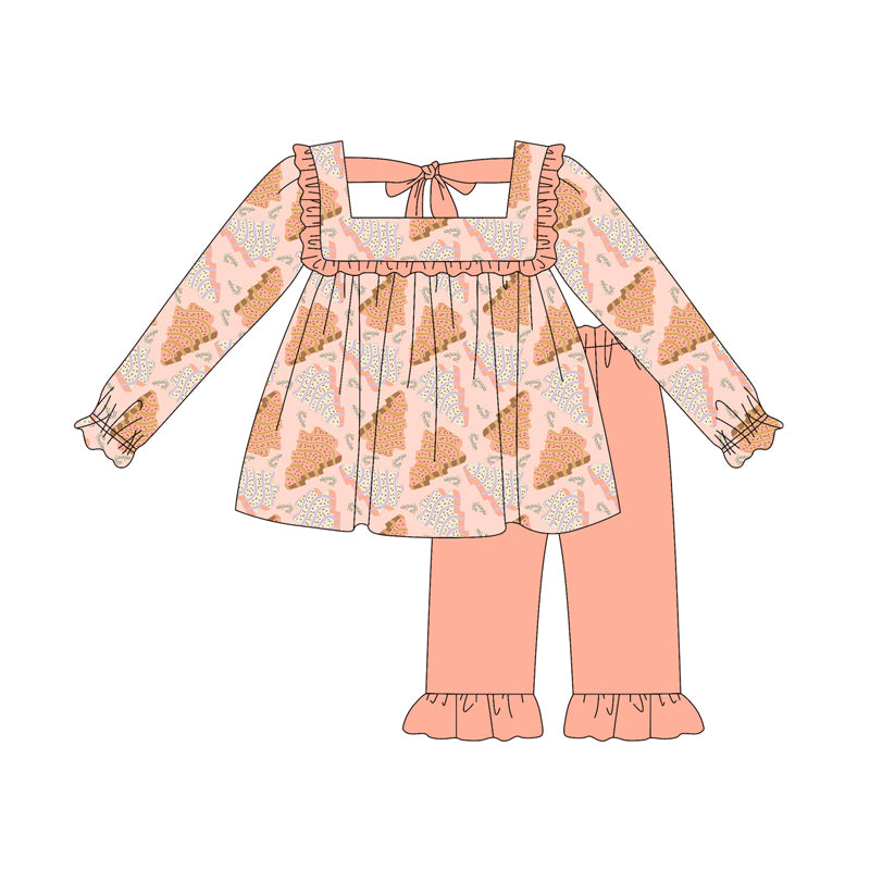 Preorder (moq 5)Baby Girls Peach Long Ruffle Sleeves Trees Plaid Tunic Pant Sets