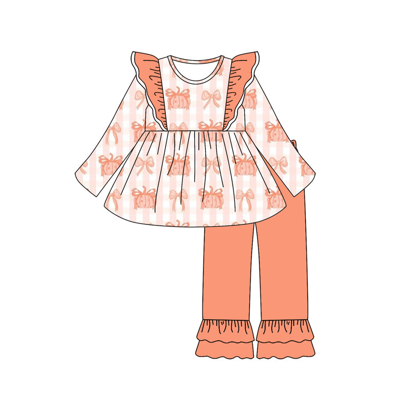 Preorder (moq 5)Baby Girls Peach Long Sleeves Bows Pumpkins Stripe Tunic Ruffle Pant Set