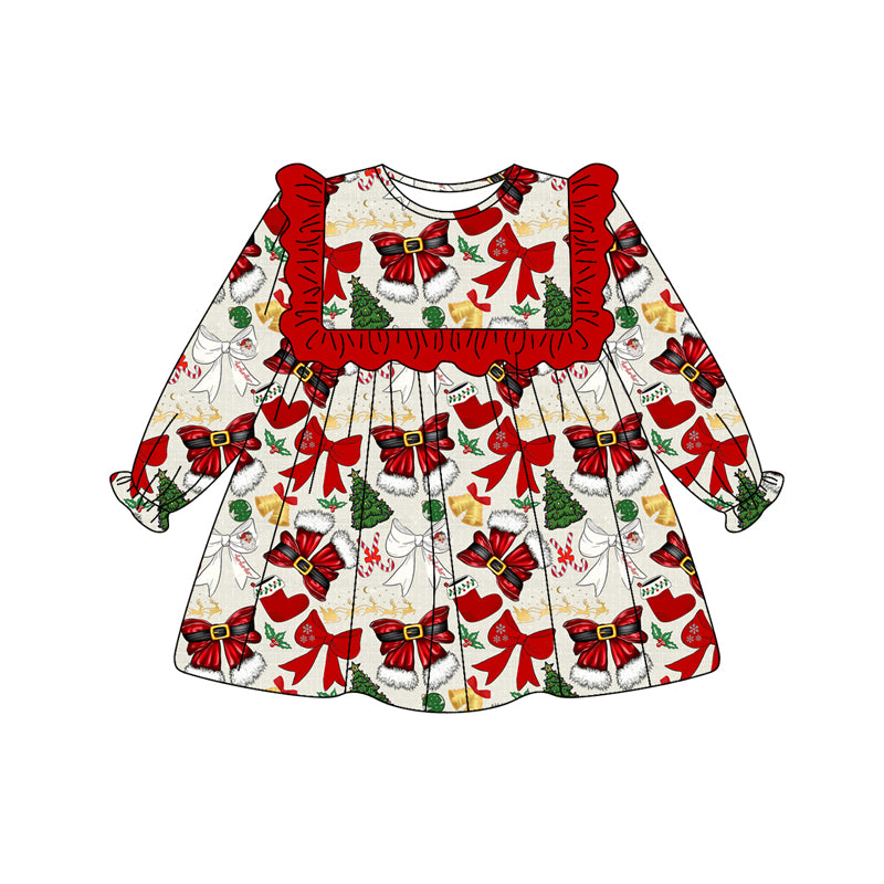 Preorder (moq 5)Baby Girls Long Ruffle Sleeves Red Bows Trees Knee Length Dresses