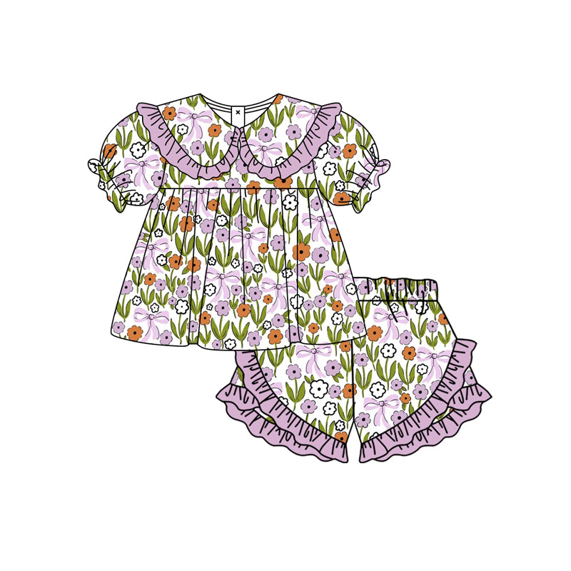 Preorder moq 5 Baby Girls Colorful Flowers Bows Collar Tunic Ruffle Shorts Clothes Set