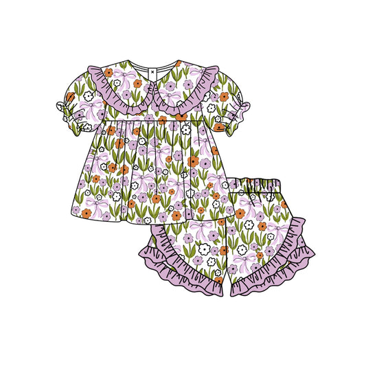 Preorder moq 5 Baby Girls Colorful Flowers Bows Collar Tunic Ruffle Shorts Clothes Set