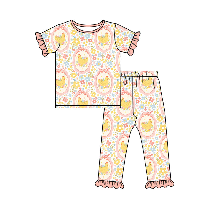 Preorder (moq 5) Baby Girl Clothes Easter Chicken Floral Frame Print Short Sleeve Ruffle Top Long Pants Outfit Set