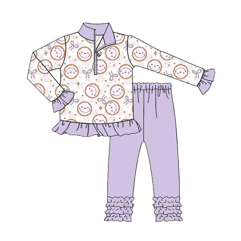 Preorder(moq 5) Baby Girls Purple Smile Bows Zip Pullover Top Legging Boutique Outfits Sets