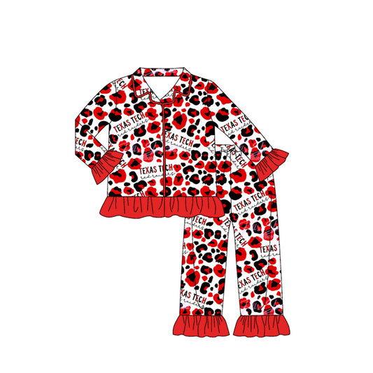 Preorder moq 5 Baby Girls Texas Tech Team Buttons Red Leopard Top Pants Pajamas Clothes Sets