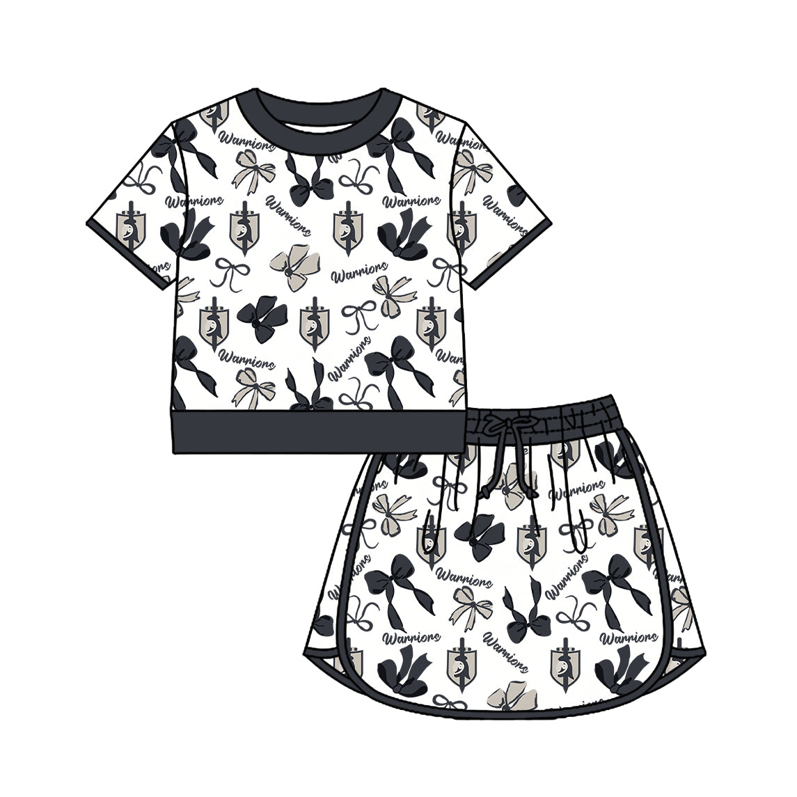 Preorder (moq 5)Baby Girls Bows Warriors Top Skirt Short Team Clothes Set