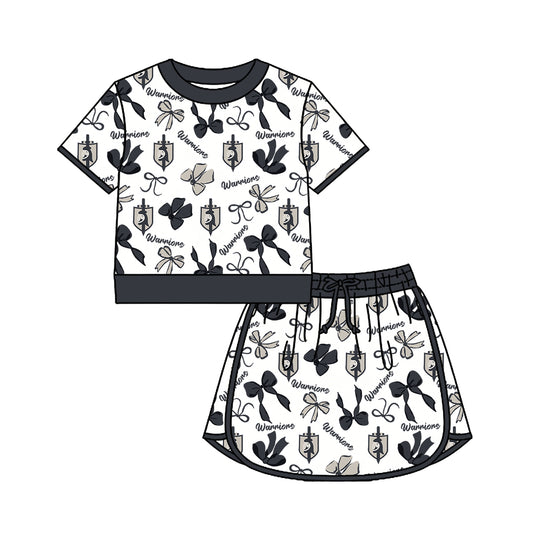 Preorder (moq 5)Baby Girls Bows Warriors Top Skirt Short Team Clothes Set