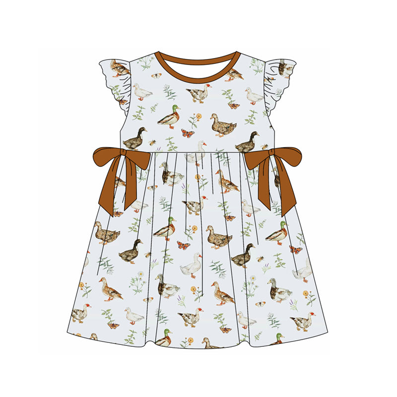 Preorder (moq 5)Baby Girls Brown Mallard Ducks Hunting Knee Length Dresses