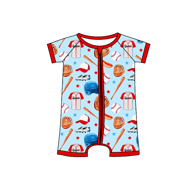 Preorder (moq 5) Baby Boy Clothes Baseball Uniform Glove Bat Hot Dog Star Mixed Print Short Sleeve Zipper Baby Romper