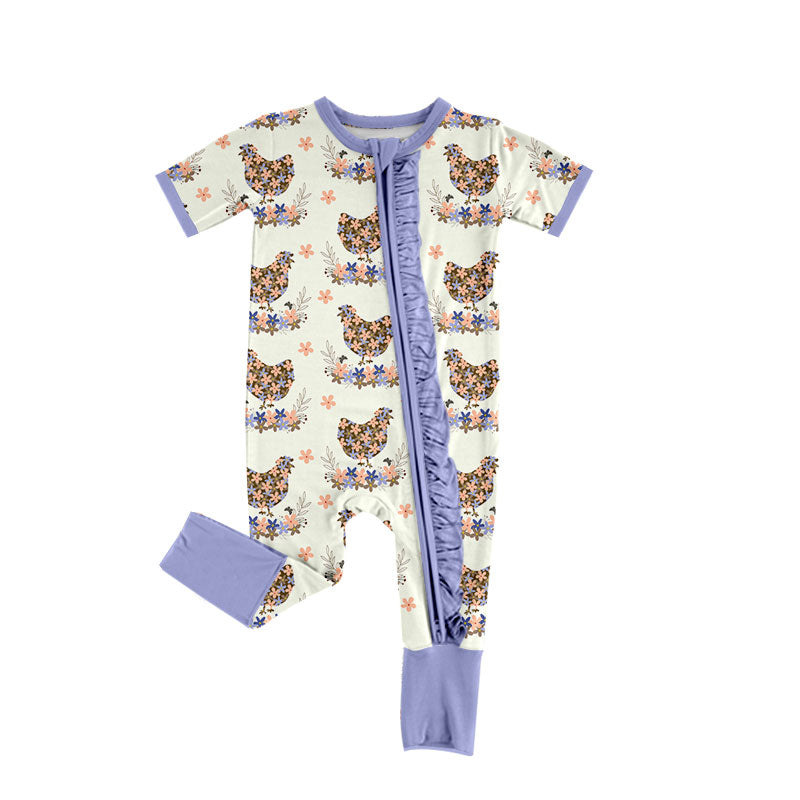 Preorder (moq 5) Baby Girl Clothes Floral Chicken Mixed Print Short Sleeve Zipper Romper