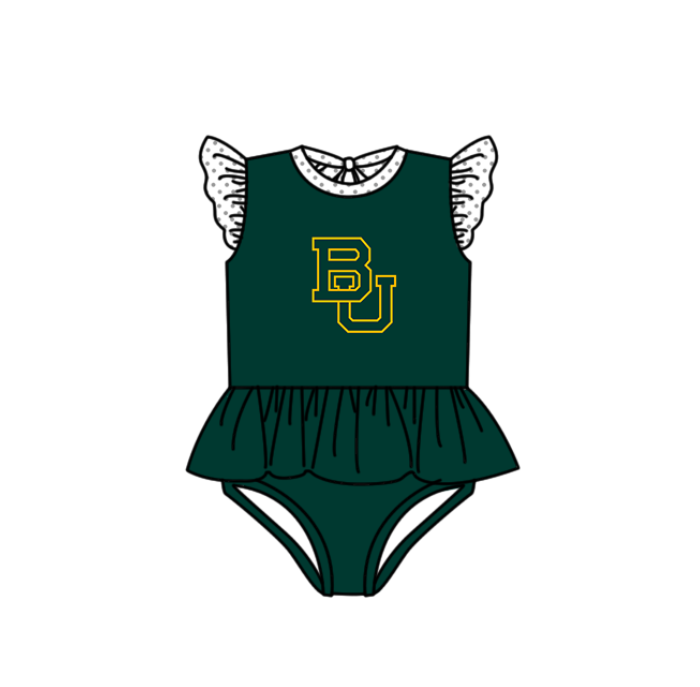 Preorder moq 5 Baby Girls Green Flutter Sleeve BU Team Swimsuits