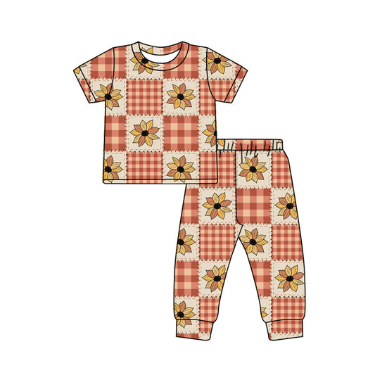 Preorder (moq 5)Baby Boys Short Sleeves Daisy Plaid Top Pant Pajamas Sets