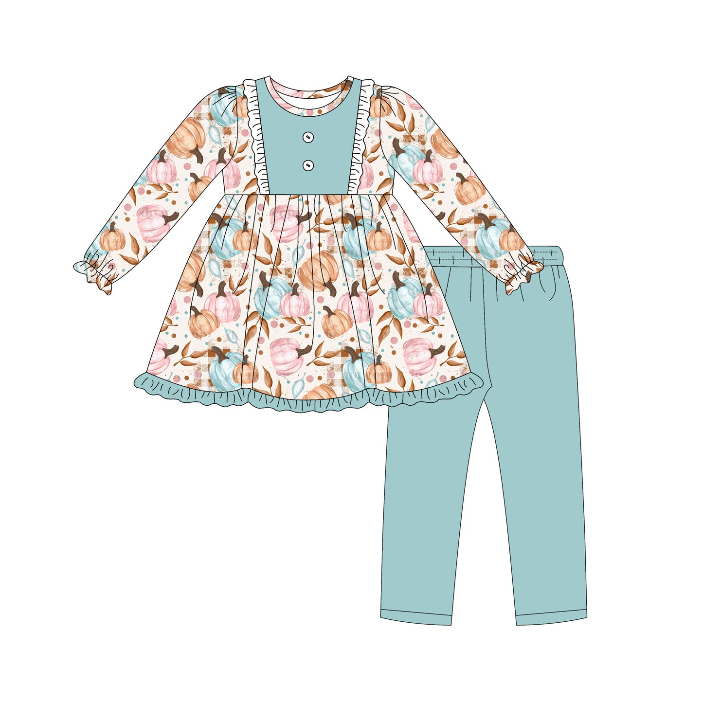 Preorder (moq 5)Baby Girls Long Ruffle Sleeves Colorful Pumpkins Button Tunic Legging Pant Set