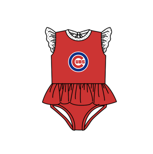 Preorder moq 5 Baby Girls Red Flutter Sleeve Cubs Team Swimsuits