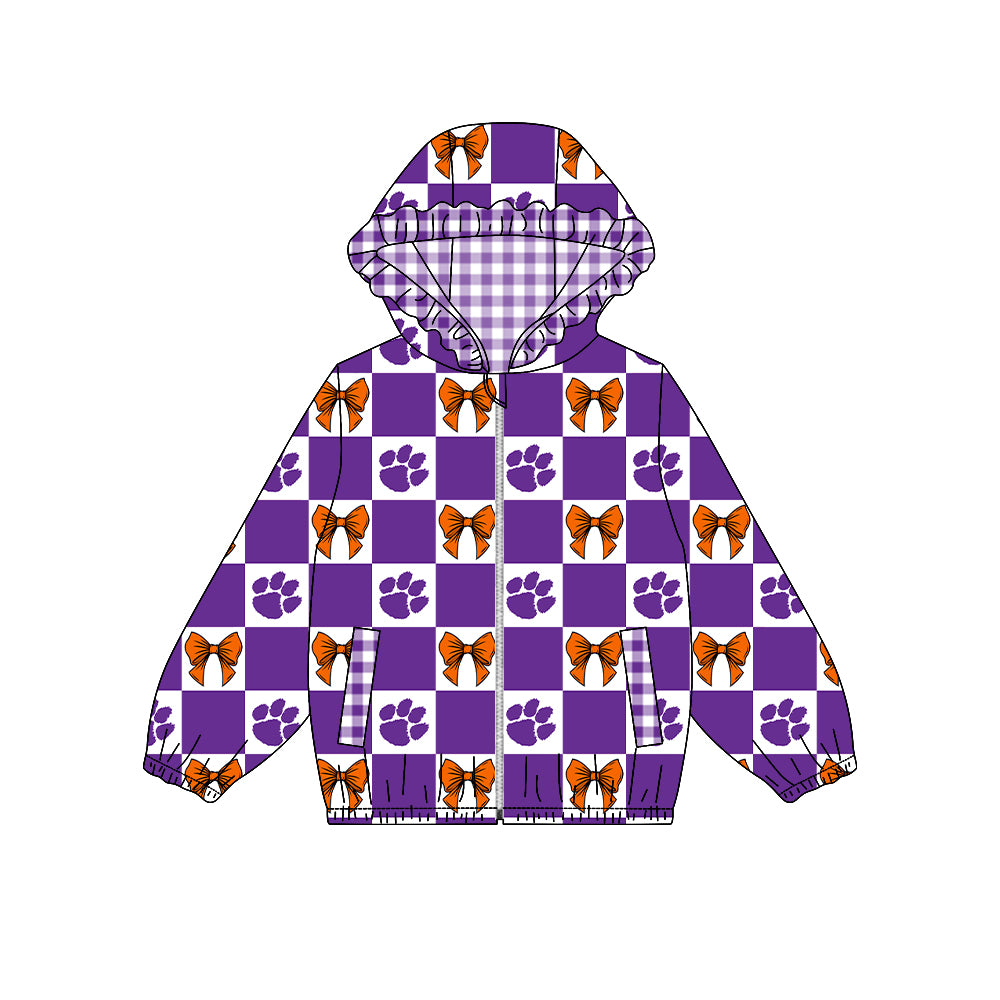 Preorder (moq 5) Baby Girls Bows Clemson Checked Team Ruffle Hoodie Tops