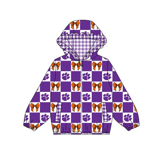 Preorder (moq 5) Baby Girls Bows Clemson Checked Team Ruffle Hoodie Tops