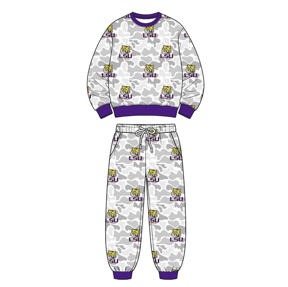 Preorder (moq 5) Baby Boy Clothes White Camo Tiger Head Graphic Print Long Sleeve Crew Neck Top Jogger Pant Outfit Set