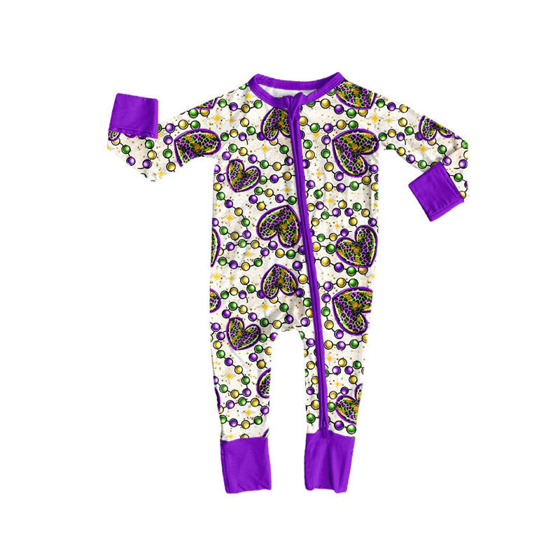 Preorder (moq 5)Baby Girls Leopard Hearts Checked Mardigras Zipper Footie Rompers