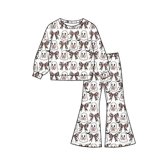 Preorder (moq 5)Baby Girls Bows Ghosts Top Flare Pants Halloween Clothes Sets