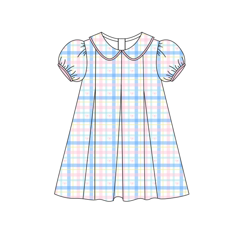 Preorder (moq 5)Baby Girls Short Ruffle Sleeves Blue Pink Plaid Knee Length Dresses