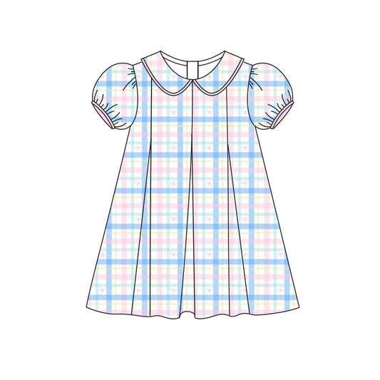 Preorder (moq 5)Baby Girls Short Ruffle Sleeves Blue Pink Plaid Knee Length Dresses