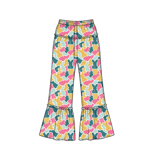 Preorder (moq 5) Baby Girl Clothes Easter Retro Color Bunny Camo Print Ruffle Waist Ruffle Hem Flare Pants