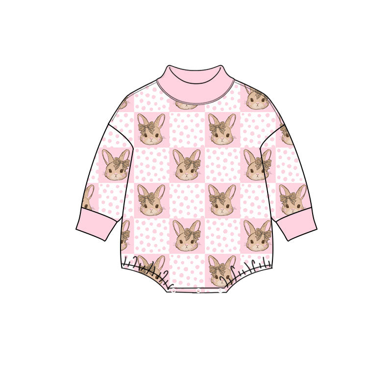 Preorder (moq 5) Baby Girl Clothes Bow Bunny Head Pink Polka Dot Check Print Long Sleeve Mock Neck Baby Bodysuit