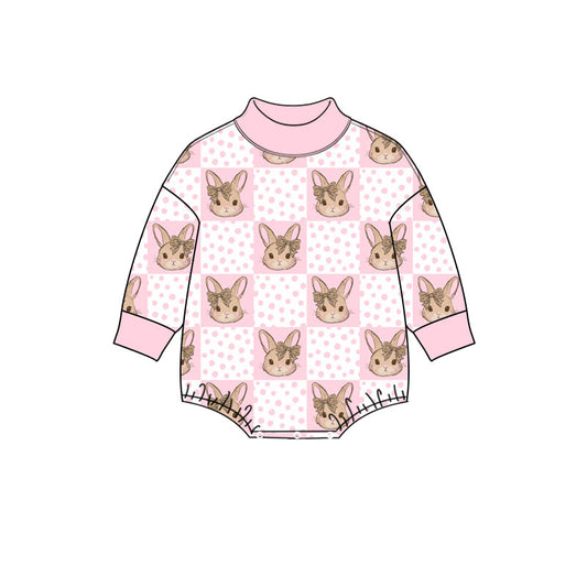 Preorder (moq 5) Baby Girl Clothes Bow Bunny Head Pink Polka Dot Check Print Long Sleeve Mock Neck Baby Bodysuit