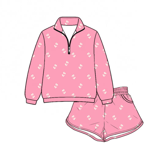 Preorder (moq 5)Baby Girls Pink Flowers Zip Pullovers Pockets Short Clothes Set