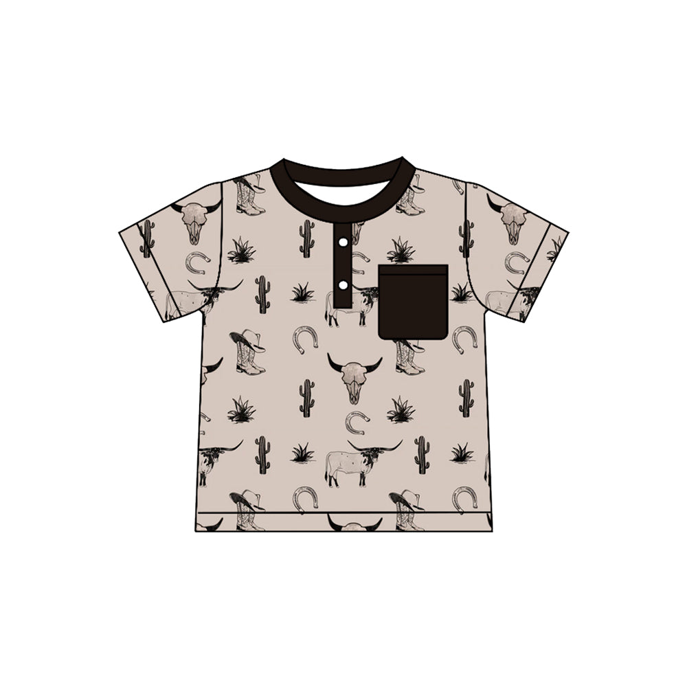 Preorder(moq 5) Baby Boys Cactus Bull Skulls Boots Button Pocket Western Polo Shirts Top