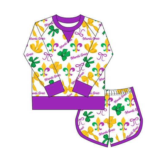 Preorder(moq 8)Baby Girls Mardigras Bows Anchors Long Sleeve Top Shorts Clothes Sets