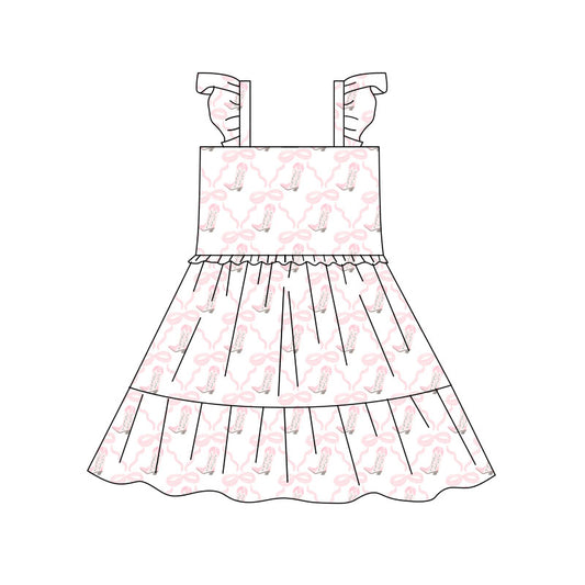 Preorder(moq 5) Baby Girls Pink Bows Boots Checked Patchwork Western Knee Length Dresses