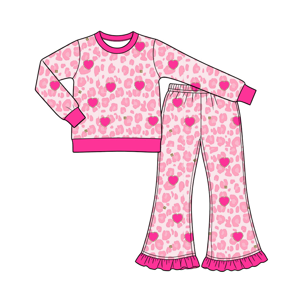 Preorder (moq 5) Baby Girl Clothes Pink Leopard Glitter Heart Print Long Sleeve Flare Pant Set