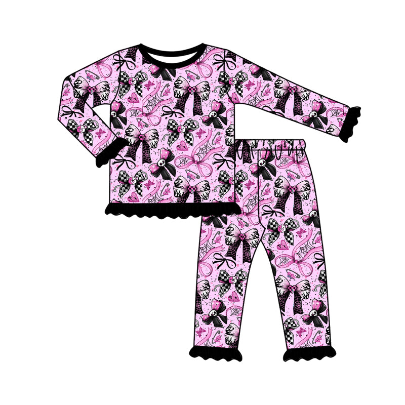 Preorder (moq 5)Baby Girls Skull Bows Plaid Top Ruffle Pant Halloween Pajamas Set