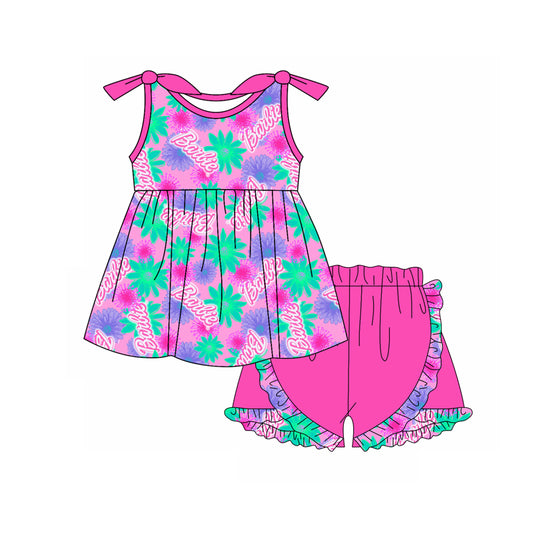 Preorder (moq 5)Baby Girls Pink Doll Flowers Tunic Ruffle Shorts Clothes Sets