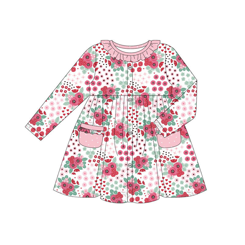 Preorder (moq 5)Baby Girls Long Sleeve Pink Flowers Button Pockets Knee Length Dresses