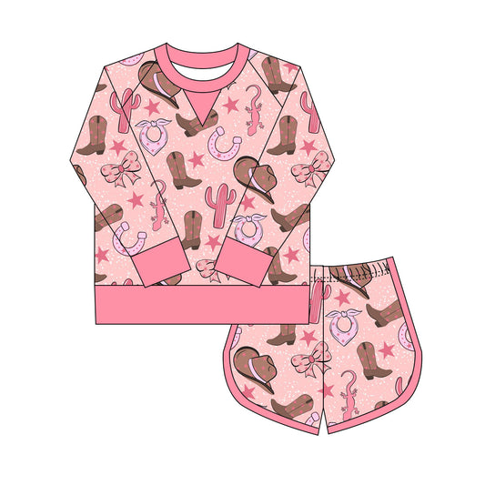 Preorder(moq 8)Baby Girls Pink Stars Boots Cactus Long Sleeve Top Shorts Western Clothes Set