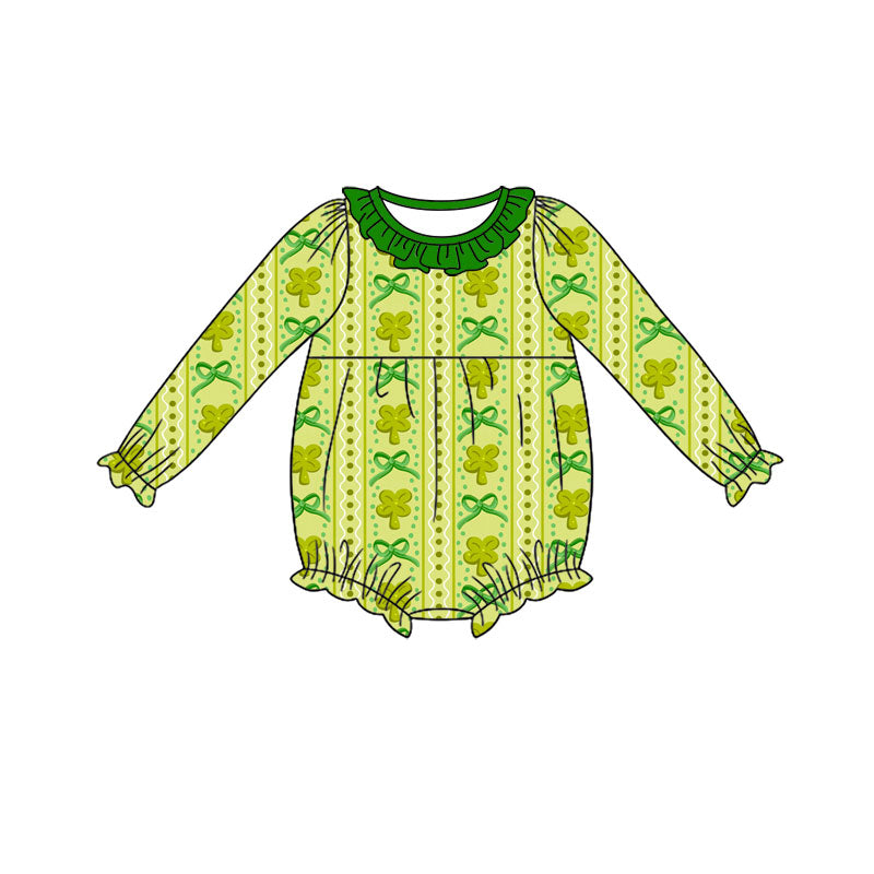 Preorder (moq 5) Baby Girl Clothes St Patrick's Day Dot Clover Bow Vertical Striped Print Long Sleeve Ruffle Bubble Romper