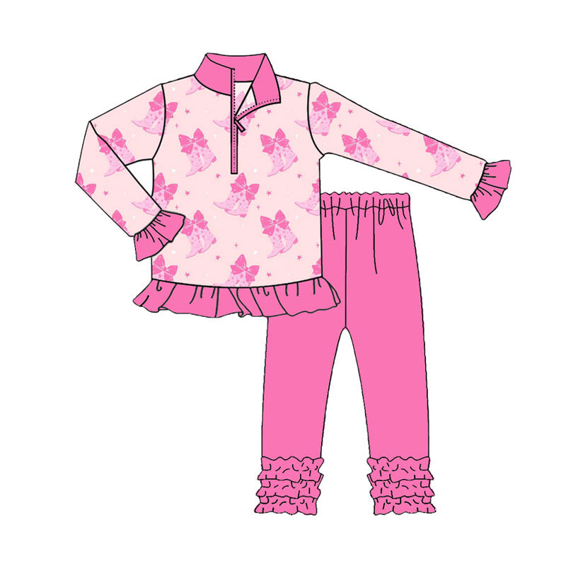 Preorder (moq 5)Baby Girls Pink Bows Boots Zipper Pullover Valentine Ruffle Leggings Clothes Sets