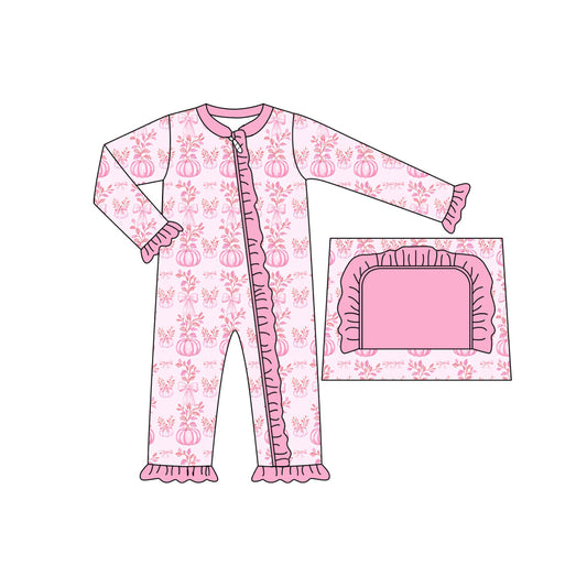 Preorder (moq 5)Baby Girls Long Ruffle Sleeves Pink Floral Pumpkins Zipper Rompers