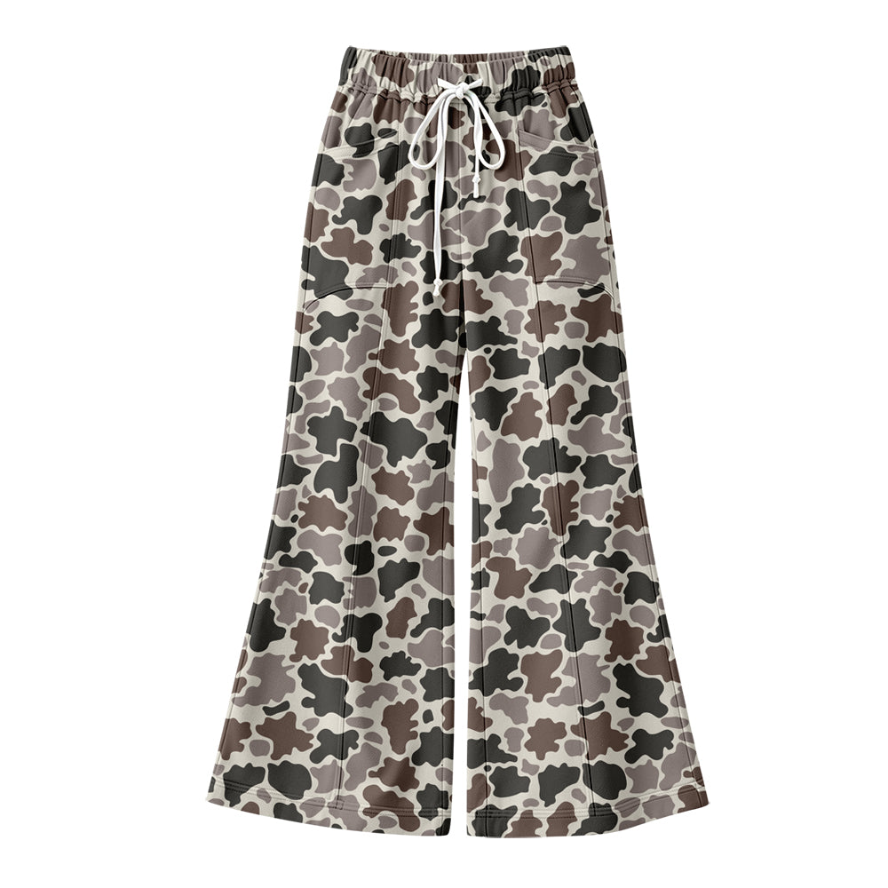 Preorder (moq 5) Baby Girl Clothes Grey Cow Camo Print No Sleeve Flare Bell Bottom Pant