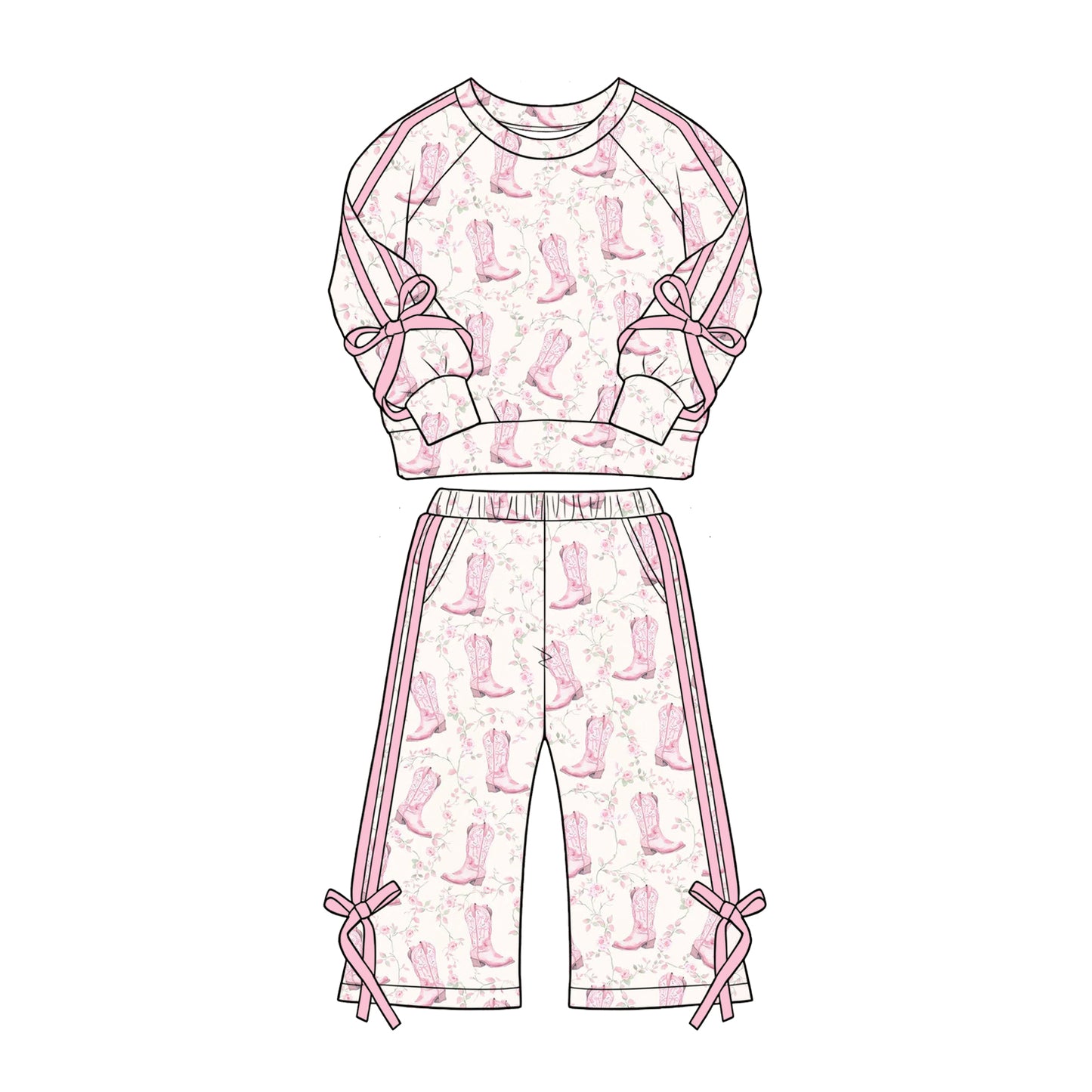 Pre-order(moq5) Girls Clothes High-Quality Cute Print Long Sleeve Raglan Sweatshirt Wide Leg Pants Bow Side Stripe Outfit